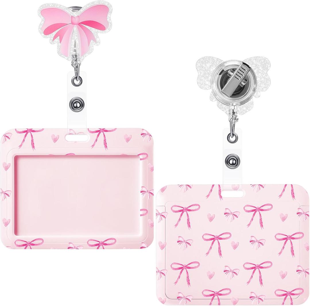 Geyoga Pink Bow Coquette Gifts Set Includes Horizontal ID Badge Holder and Retractable Badge Reel with Alligator Clip Funny Name Tag Card Holder for Worker Doctor Nurse Teacher Office Accessories