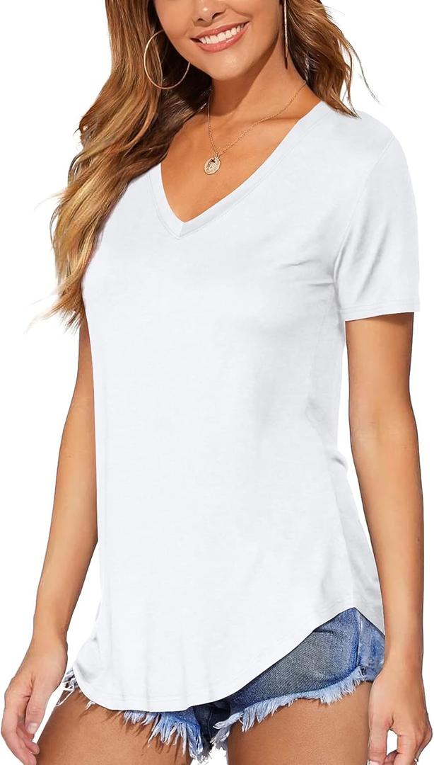 DittyandVibe Women Shirt Long/Short Sleeve V Neck Curved Hem Tunic Tops Tshirt (Medium)
