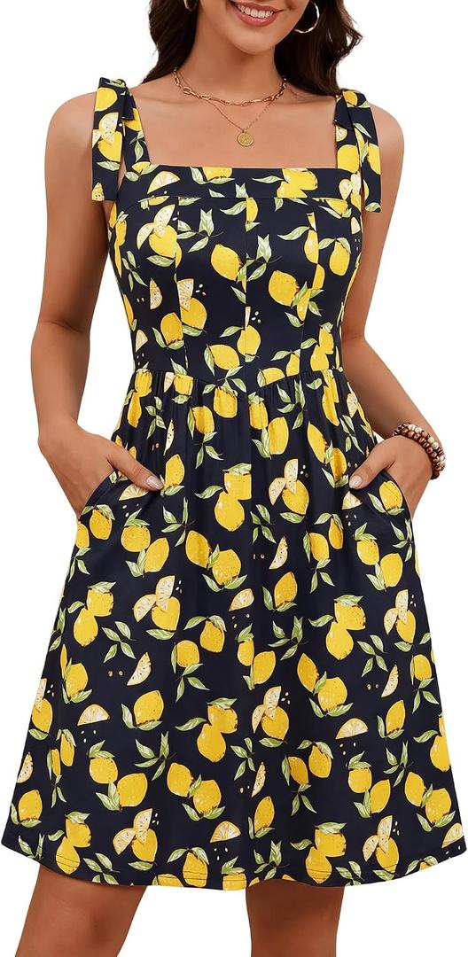 GUBERRY Women's Summer Dress with Pocket Elastic Shoulder V-Waistline Square Neck Mini Cute Floral Sundresses (Black, XL)