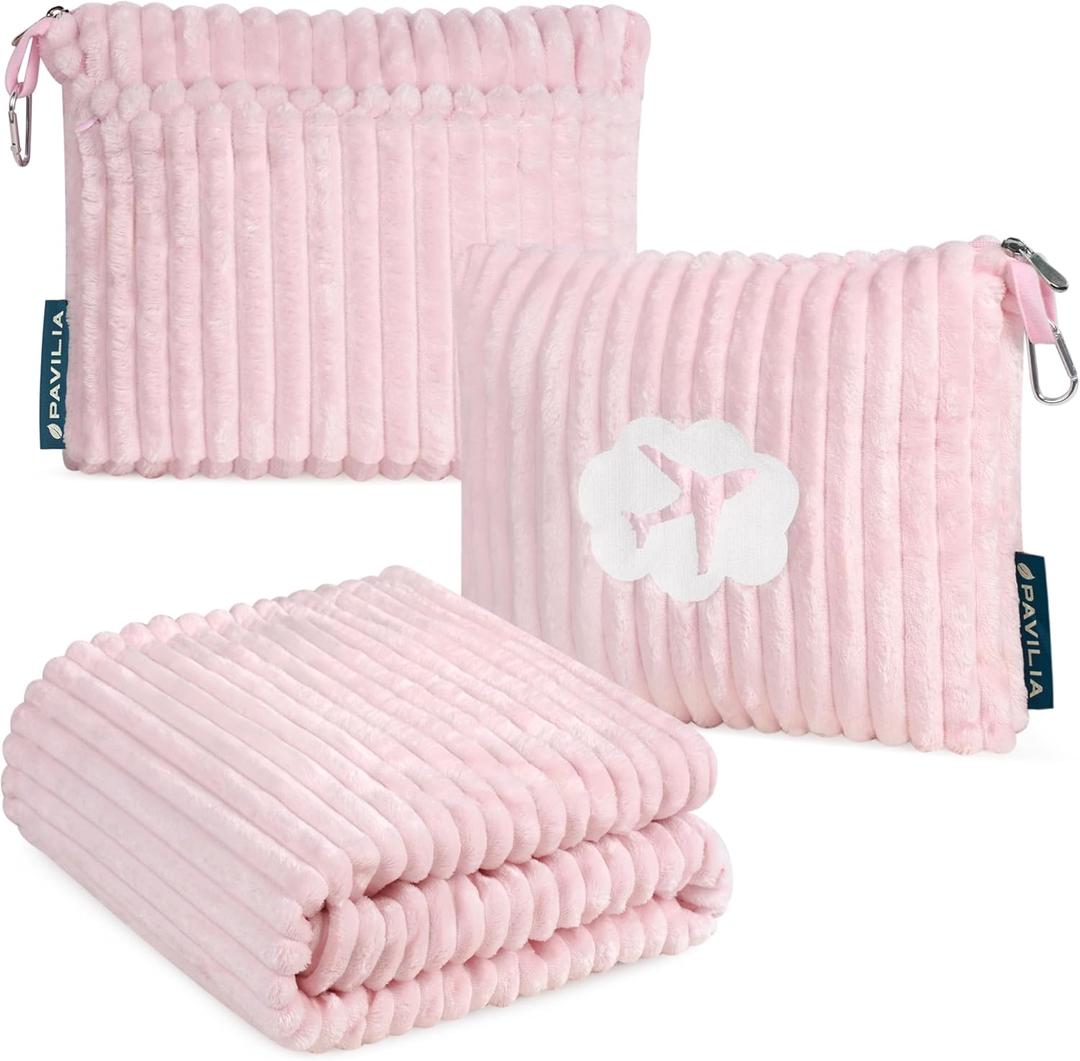 PAVILIA Travel Blanket Pillow in Soft Bag with Pockets, Airplane Blanket Set, Plane Blanket Compact Packable, Flight Essentials Car Pillow, Travelers Accessories Gifts, Luggage Strap, Light Pink (65 x 40 inches)