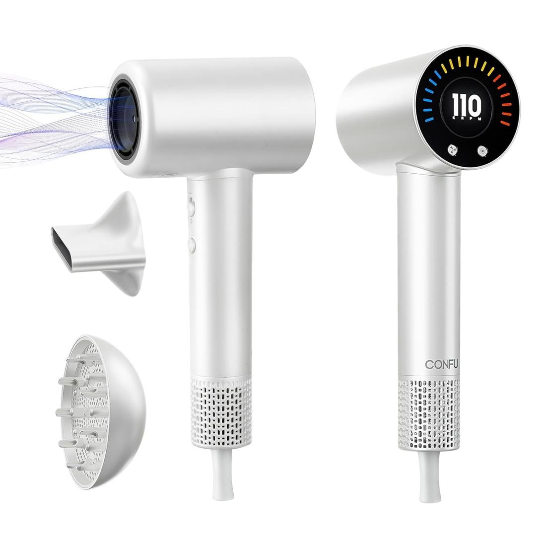 CONFU Hair Dryer, 110000 RPM Fast Drying Blow Dryer with Magnetic Diffuser and Concentrator, Professional Lightweight Ionic Hair Dryer for Women and Men (White)