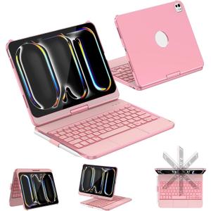 CC Store Keyboard Case for iPad Pro 11-inch (M5/2025, M4/2024) with 7-Color Backlight, 360 Swivel Protective Case with Pencil Holder, Multi-Touch Trackpad, Rose Gold