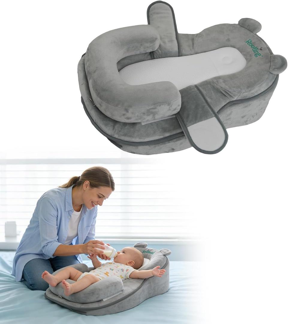 Rootling Baby Feeding Pillow, Anti Overflow Feeding Pillow for Reducing Spit-Up, Safety Nursing Pillow, Baby Lounger Reflux Wedge Breastfeeding, Removable top and Bottom (Small, Gray)