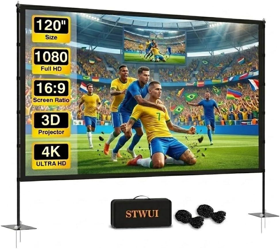 STWUI Outdoor Projector Screen with Stand - 120 Inch Portable Projector Screen Indoor and Outdoor Projector Screens 16:9 4K HD Wrinkle Free Lightweight Movie Screen with Carry Bag,Enioy Movie Nights