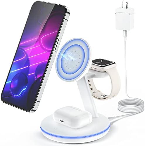 3 in 1 Charging Station for Apple Devices,Fast Mag-Safe Charger Stand,Magnetic Wireless Charger for iPhone 16 15 14 13 12 Series & Apple Watch 10 9 8 7 6 5 4 3 2 SE & Airpods 4 3 2 Pro(White)