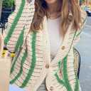 Gihuo Women' s Y2K 2 Piece Knit Outfits Striped Sweater Shorts Set Color Block Long Sleeve Button Up Shirts Shorts (S, Green)