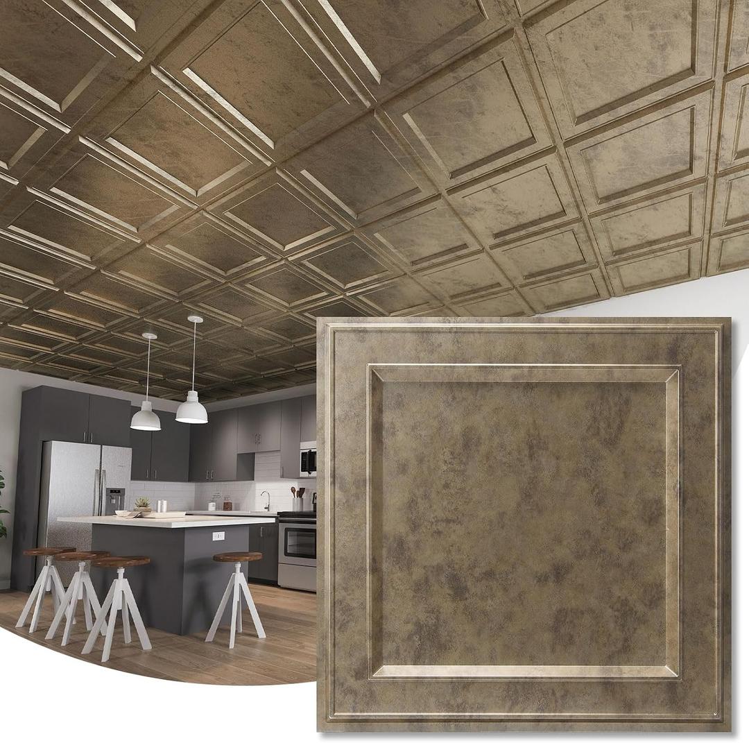 WOWSTAR 12-Pack 24"x24" Drop Ceiling Tiles, Waterproof Glue up Ceiling Panels, Modern Style 3D Wall Panels, Antique Gold, 2x2ft