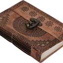 M&N Designs Vintage Leather Journal with Lock Closure, Hand-Made Paper, Traditional, Vegan, 7 x 5 Inches