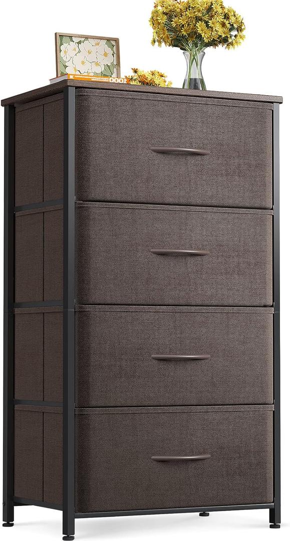 ODK Dresser for Bedroom with 4 Storage Drawers, Small Dresser Chest of Fabric Drawers with Sturdy Steel Frame, Wood Top, Brown (Brown)