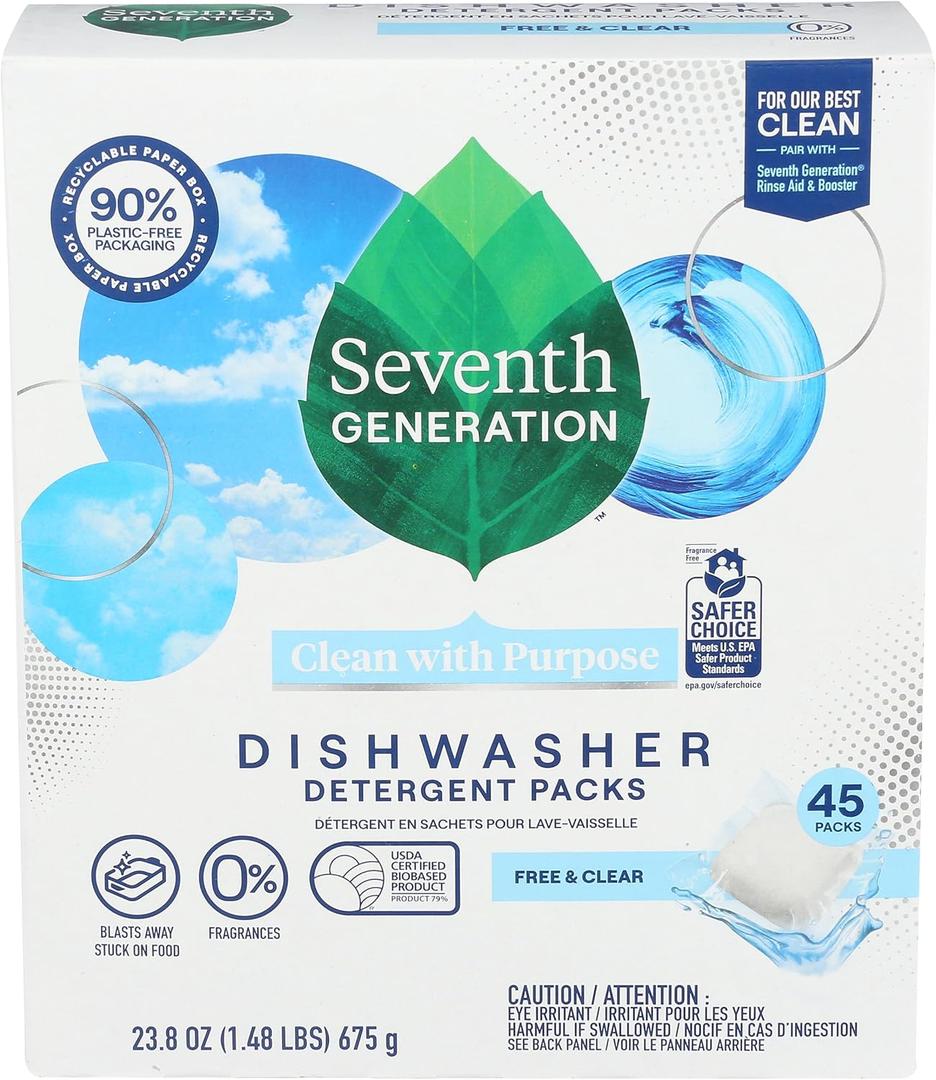 Seventh Generation Dishwasher Detergent Packs Free & Clear for sparkling dishes Dishwasher tabs 45 count