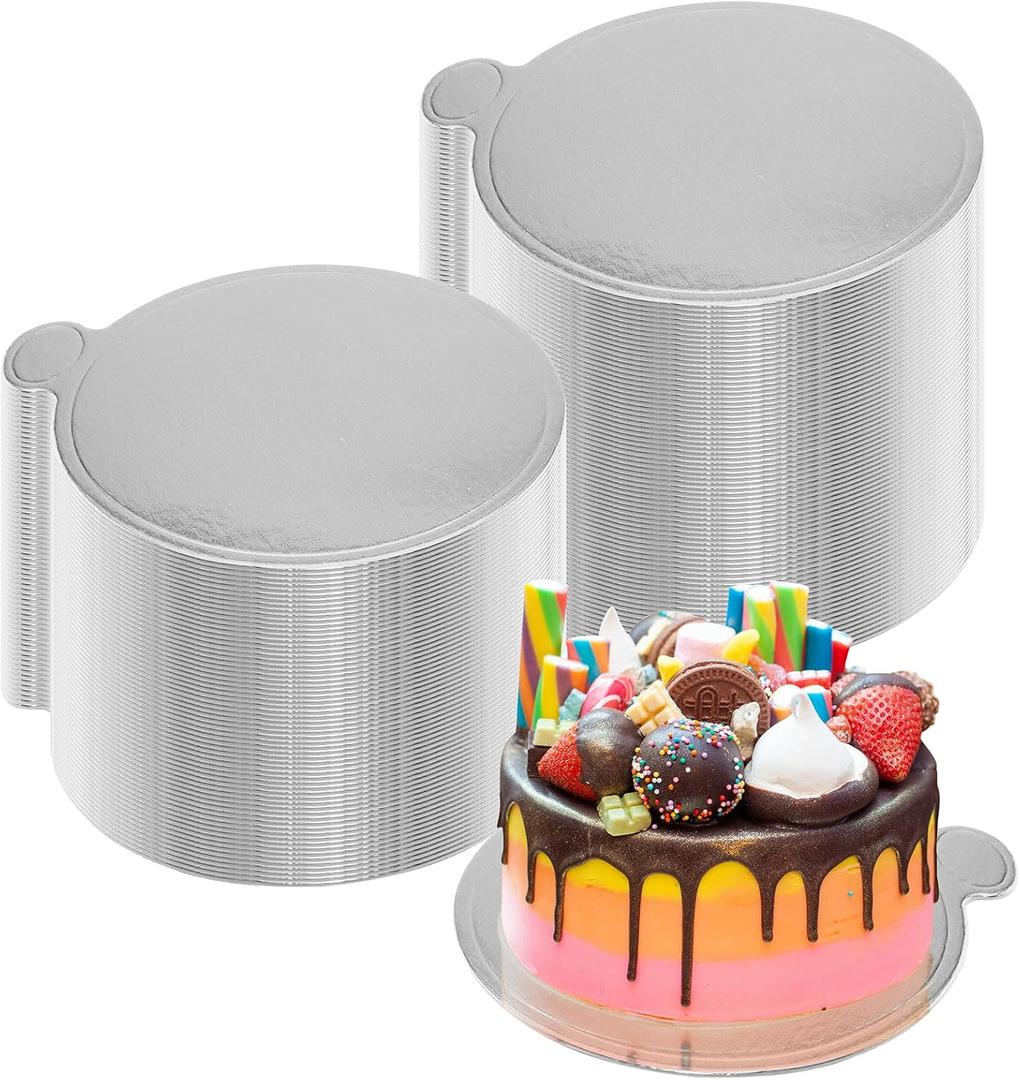 50 Pcs 5 Inch Mini Silver Cake Boards Round Mousse Cake Boards Disposable Cardboard Plate Round Coated Cakeboard for Kitchen Baking Caking Pizza Dessert Cupcake Tray (Silver)
