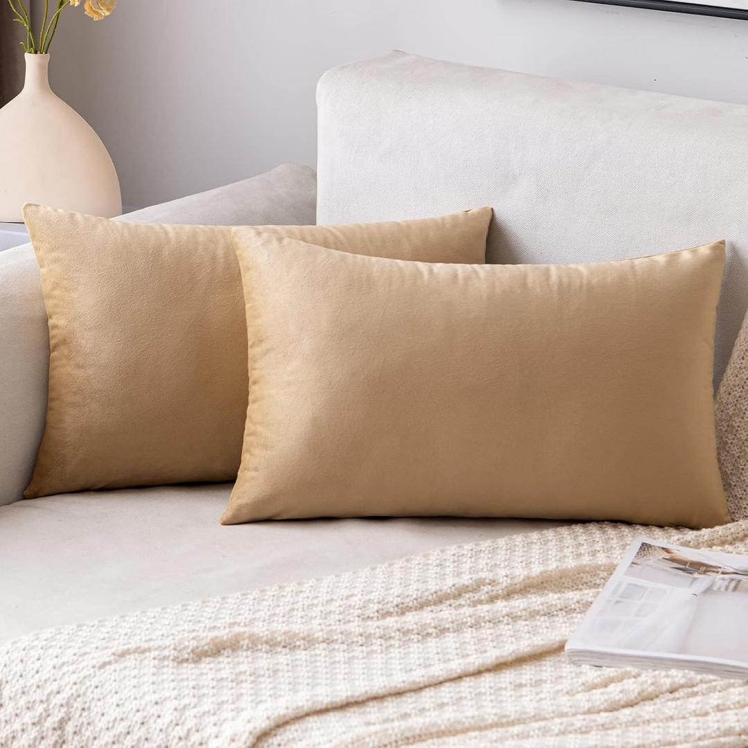 EMEMA Pack of 2 Velvet Throw Pillow Covers Decorative Rectangle Pillowcase Soft Solid Cushion Case for Sofa Bedroom Chair Car 12x20 Inch Khaki