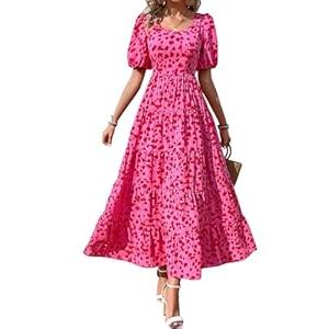 BTFBM Women's 2024 Summer Floral Maxi Dress Short Sleeve Dress Backless Beach Long Dresses for Vacation（Rose Red Flower, X-Large