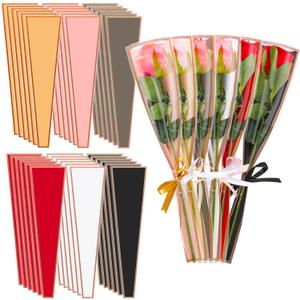 Kosiz 300 Pcs Single Rose Sleeve 6 Colors Plastic Packaging Flower Wrapping Bags Waterproof Gold Edge Bouquet Bags Floral Arranging Supplies for Mother's Gift Valentine Gift