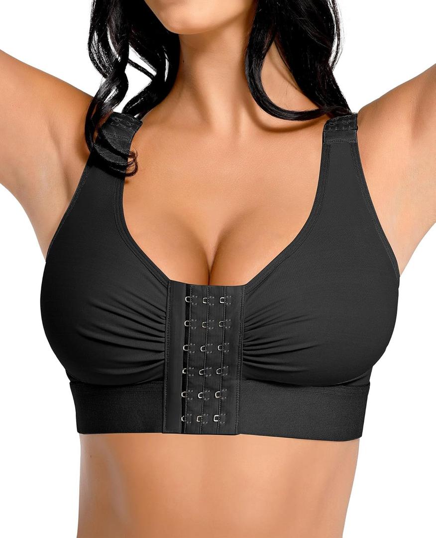 FeelinGirl Post Surgery Compression Bra - Women's Front Closure Bra with Adjustable Straps Wirefree (X-Large, Black)