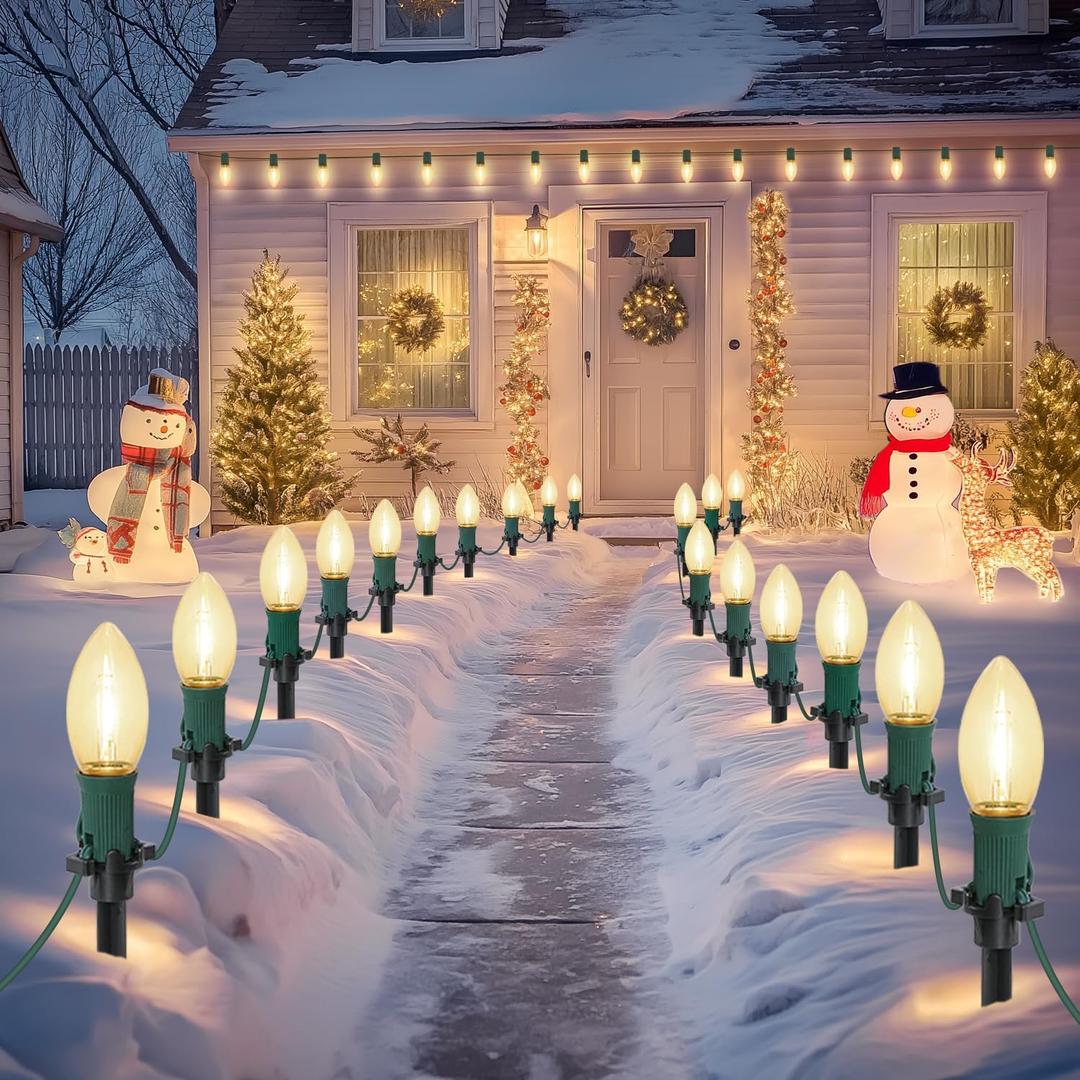 USOKYO 30Ft C9 Led 20 Bulbs Christmas Pathway Lights Outdoor, Warm White Led Bulbs Waterproof Connectable Christmas Walkway Lights with Stakes for Yard Lawn Sidewalk Driveway, Christmas Decorations
