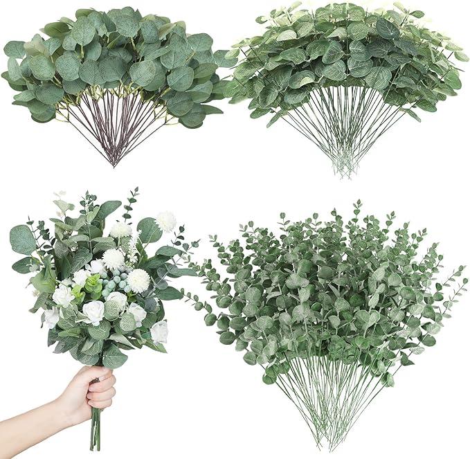 180 Pcs 3 Kinds Mixed Artificial Eucalyptus Stems Bulk Fake Silver Dollar Eucalyptus Leaves Greenery Stems Floral Picks for DIY Bouquets Vase Floral Arrangement Wedding Home Decor