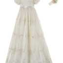 NIMBLE Baby Girls Newborn Christening Embroidered Gown Dress Outfit with Headband, Size 0-3, Champagne 