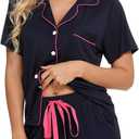 Leikar Womens Button Down Pajama Sets Bride Pajamas Sets Sleepwear Shorts Lounge Set (Blue, XL)