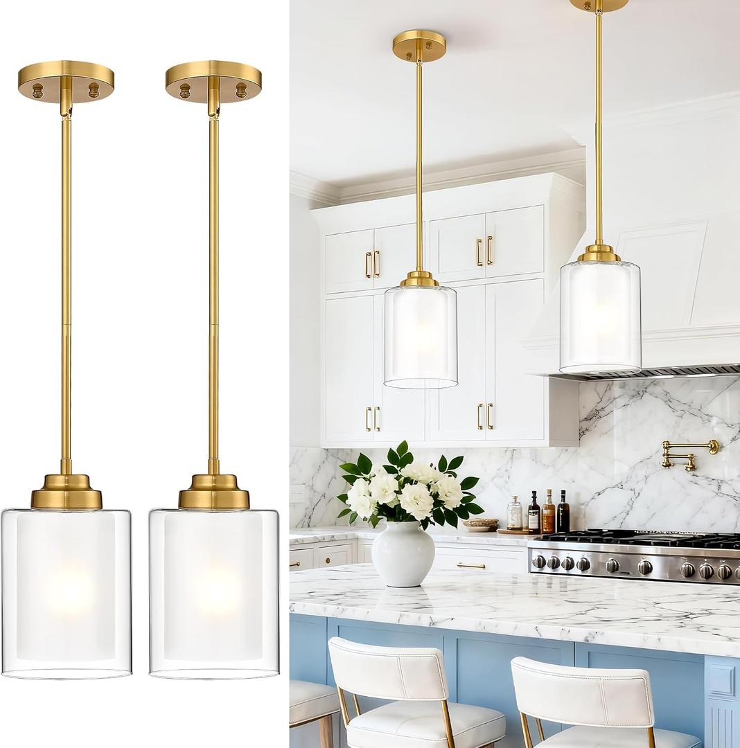TENGXIN Modern Pendant Light,6-in Brushed Gold Modern Pendant Light for Kitchen Island,Hanging Ceiling Light Fixture,Farmhouse Pendant Lighting for Dining Room Bedroom Bar Office 2Pack,TXPLBG02-2PK-L, Brushed Gold, Dual Glass, 6", 2