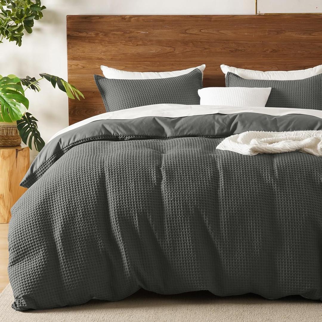 David's Home Waffle Weave Duvet Cover Set Queen Size,Soft Breathable 3 Pcs Comforter Cover Set with 2 Pillowcases,Textured Home Decor Bedding Set Cozy for All Seasons,Grey 90"90",No Comforter