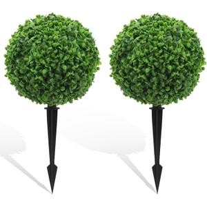 Set of 2 Artificial Topiary Boxwood Ball Trees 18'' Faux Cypress Plants with Ground Spike Evergreen Artificial Bushes for Front Porch Garden Balcony Front Door UV Protection Fade Resistant