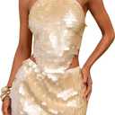 MakeMeChic Women's 2 Piece Outfits Glitter Sequin Halter Crop Top and Bodycon Mini Skirt Party Sets Apricot B Large