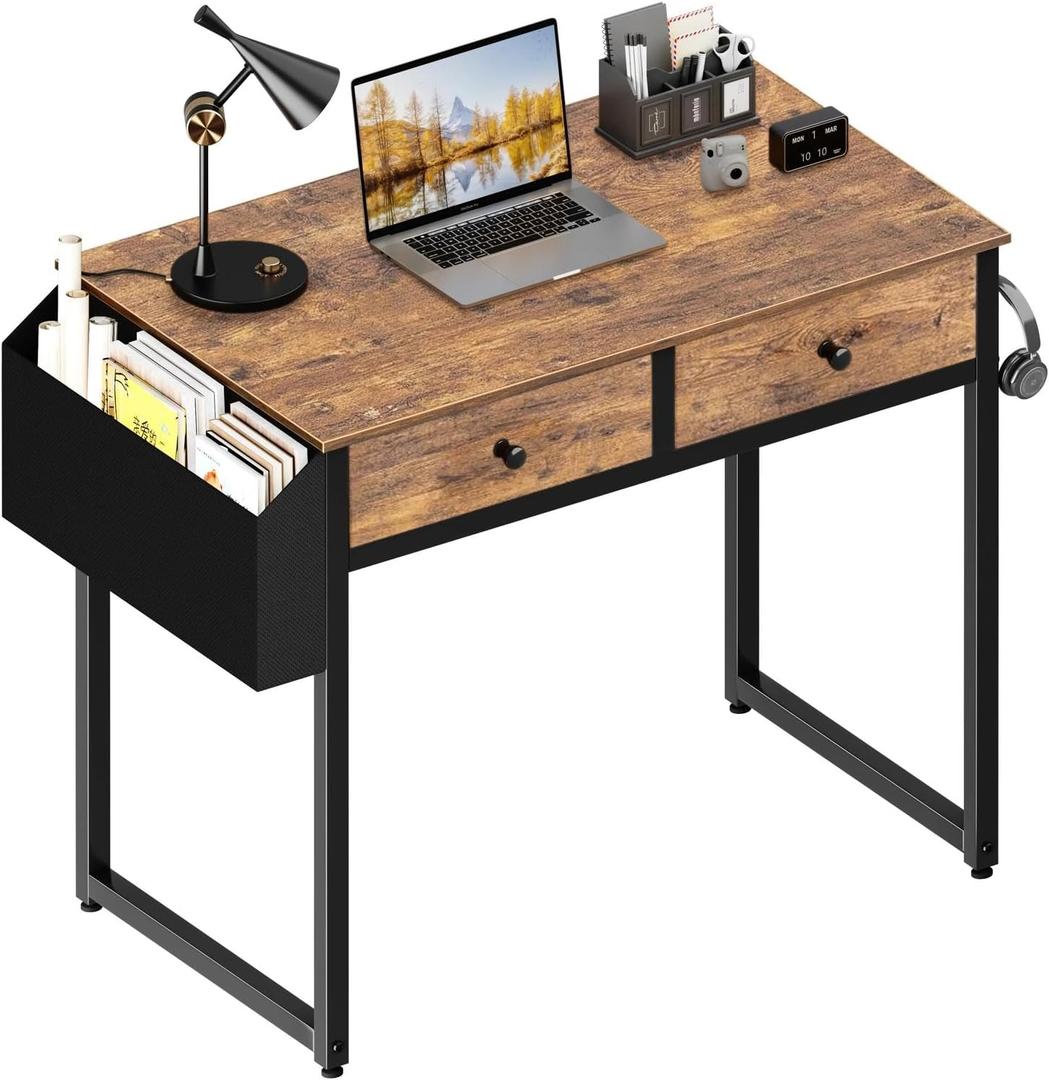 Lufeiya Small Computer Desk with 2 Drawers for Bedroom, 31 Inch Home Office Desk with Storage Fabric Drawer and Bag, Study Writing Table for Small Spaces, Rustic Brown, 31.5"