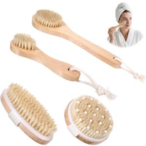 4Pcs Dry Brushing Body Brush Set, Dry Brush Natural Bristle for Back Massage Lipedema Shower Lymphatic Drainage and Cellulite Treatment Improve Blood Circulation, Bath Scrubber for Body