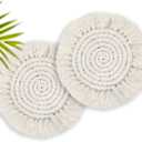 7.4in Boho Coasters Set of 2, Cute Drink Coasters Absorbent for Desk, Farmhouse Handmade Woven Macrame Coaster for Mugs Cups - Home Decor Housewarming Gift, Round Beige