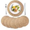 UNIGREEN Woven Placemats Set of 6, Round Rattan Placemats,Natural Hand-Woven Water Hyacinth Placemats,Farmhouse Weave Place Mats (Dia12' - Water Hyacinth)