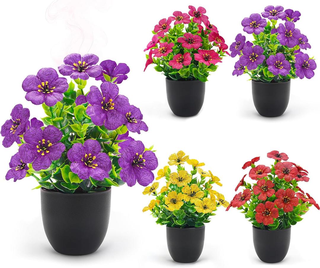 Der Rose 4 Pack Small Fake Plants with Fragrance Discs Spring Faux Flowers in Black Pots Artificial Plants Indoor for Bathroom Room Office Desk Decor