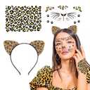 2 x Cheetah Ears Headband with Gold Cat Face Temporary Tattoos Leopard Print Ears Cat Whiskers Face Tattoo Stickers Leopard Makeup Halloween Cheetah Costume Accessories for Women Kids Adult(cheetah3)