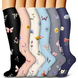 6 Pack Copper Compression Socks for Women and Men Circulation-Best Support for Medical,Running,Nursing,Athletic (Large-X-Large, D-assorted1-flower)