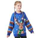 JOYIN Kid's Christmas Ugly Sweater LED Light Up Reindeer Xmas Sweater Built-in Light Bulbs for Boys Girls (Blue, Medium)