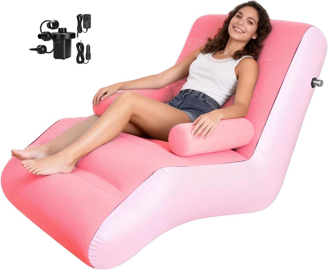 Inflatable Deck Chair with Air Pump, Foldable Lounge Chair for Bedroom and Living Room, Indoor Sofa Lounge with Handrails(Pink)