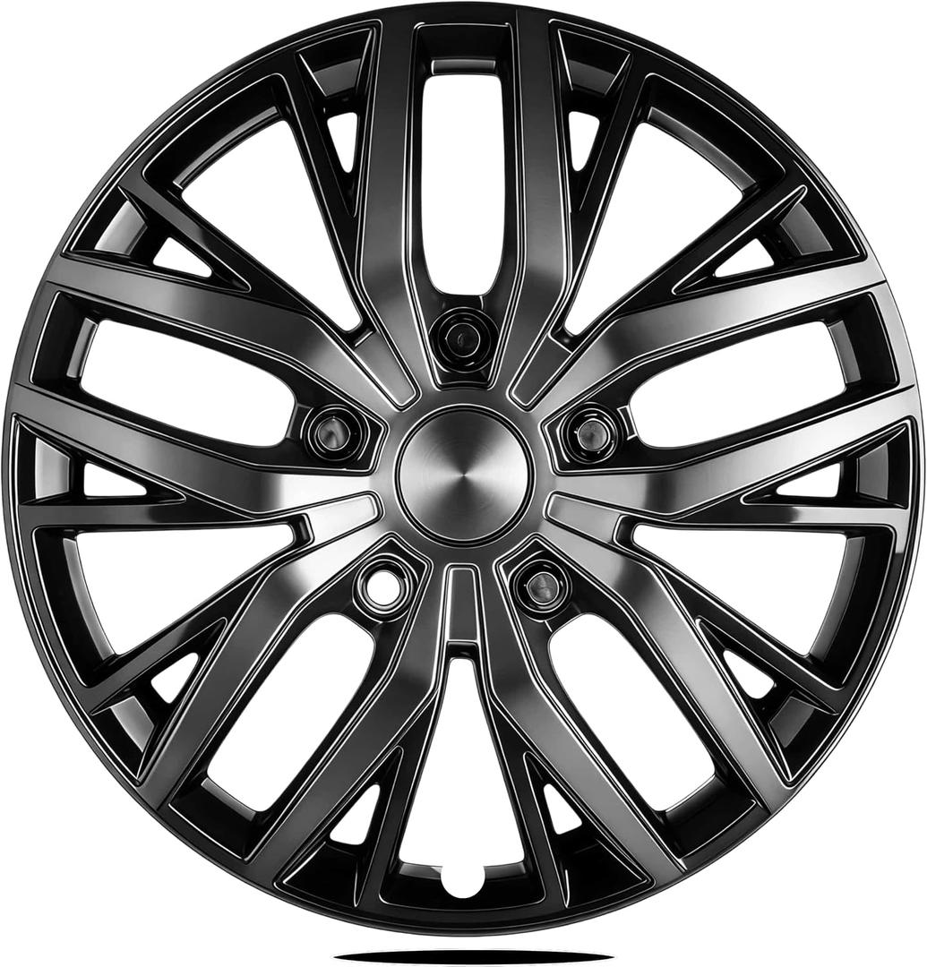 16-Inch ABS Hubcaps with Steel Rings & Adjusters, Patented Design, Universal Fit, Set of 4 Wheel Covers (Black-Gunmetal Grey)