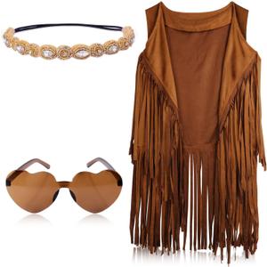 KINBOM 60s 70s Hippie Costume Set for Women, Bohemian Costume Accessories Set Fringe Vest Leopard Print Earrings Headband Heart Sunglasses (XXL) (L)
