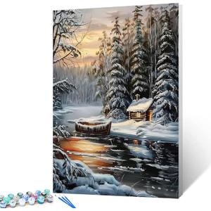 Winter Snow Scenery Paint by Numbers Kits 16x20 inch Canvas Abandon Wooden Boat DIY Oil Painting for Kids, Adults Beginner Fantasy Forest Artwork with Brushes, Home Decor Nordics Gift(DIY Frame)