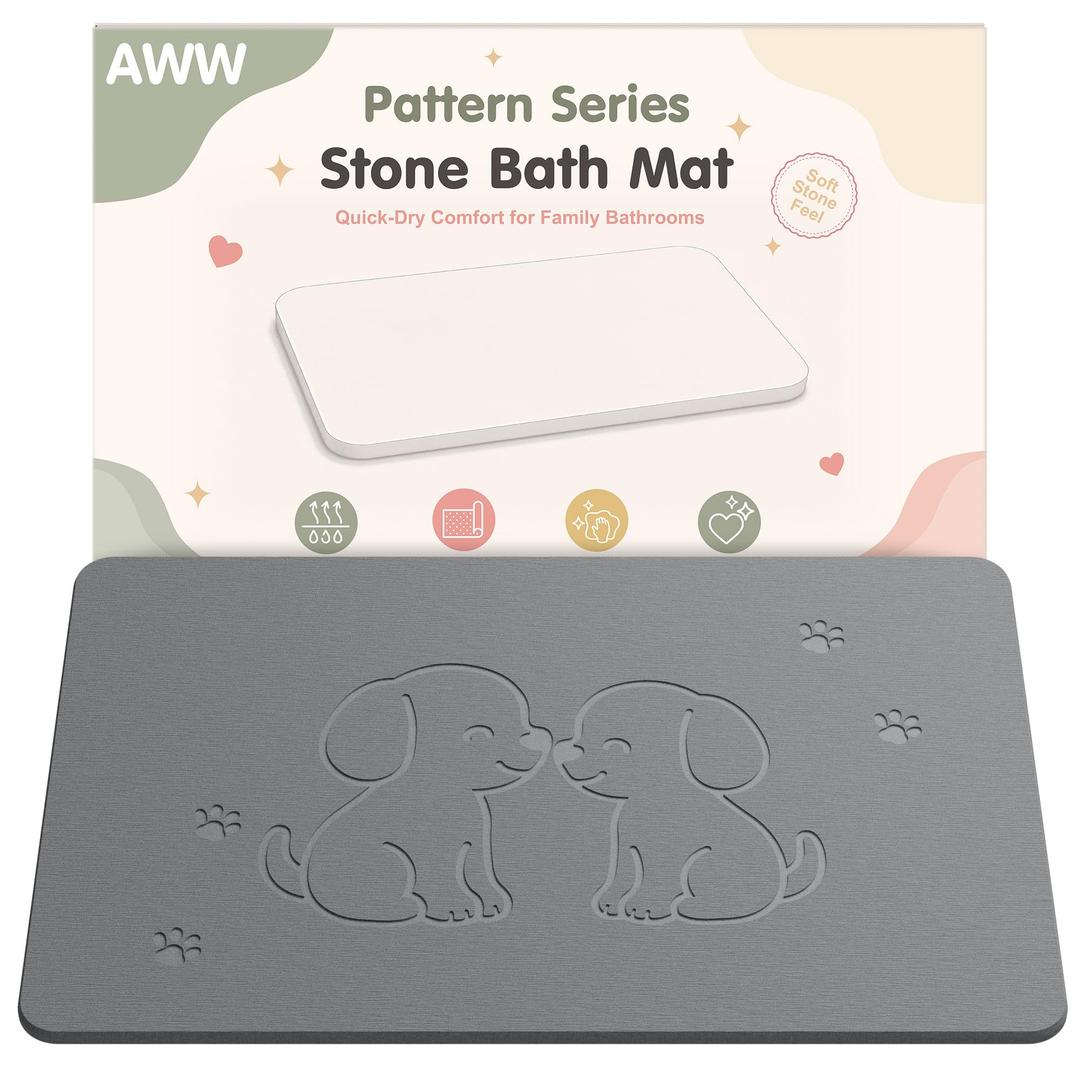 AWW Stone Bath Mat, Diatomaceous Earth, Dog Pattern, Grey