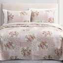 Chezmoi Collection Rosy 3-Piece Printed Patchwork Cotton Quilt Set, Oversized King - Pink Flower Floral Striped Polka Dots - Stone Washed Lightweight Bedspread