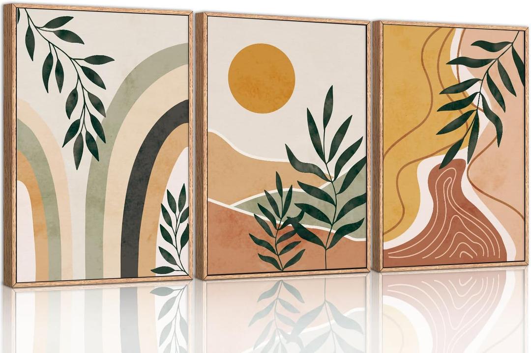 Modern Boho Framed Canvas Wall Art Set, Abstract Bohemian Sun Wall Decor, Mid-Century Minimalist Wall Painting, Geometric Botanical Art Print for Living Room, Bedroom, Office - 16"x24"x3
