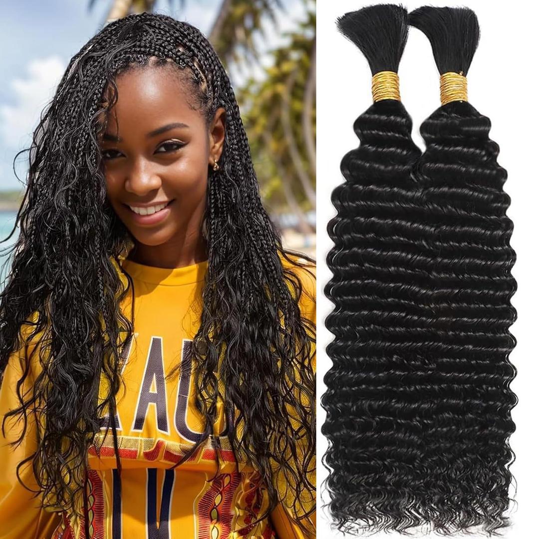Human Braiding Hair for Boho Braids 100g Curly Boho Hair for Braiding Deep Wave Bulk Bohemian 100% Human Hair for Micro Braiding Wet and Wavy No Weft 2 Bundles Natural Color 22 Inch (1B#)