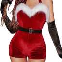 Avidlove Womens Sexy Santa Costume Velvet Romper Christmas Shorts Bodysuit Lingerie with Belt (Medium, Red)