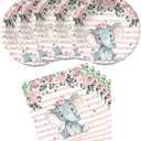 HJFZLY Elephant Baby Shower, Pink Elephant Birthday Party Supplies, 20 Plates and 20 Napkins, Elephant Theme Birthday Party Decoration for Girl