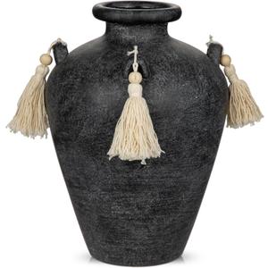 Large Decorative Ceramic Vase with Tassels, 9.4" Black Vintage Flower Vase with Handles, Textured Rustic Farmhouse Vases for Home Decor, Table Centerpiece, Living Room, Entryway, Wedding, Party Decor