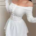 SOLY HUX Women's Off The Shoulder Babydoll Nightgown Tie Front Long Sleeve Knit Night Dress Sleepwear (L)