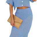 Saodimallsu Women Crochet Beach Cover Up Set Knit Crop Button Short Sleeve Collar Top Bodycon Long Skirt 2 Piece Outfits (Blue, S)