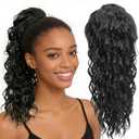 16 Inch Natural Black Water Wave Drawstring Ponytail for Black Women - Synthetic Hairpiece, Curly Wavy Extension, Natural Looking & Secure Hold, Easy to Install for Daily Party Use