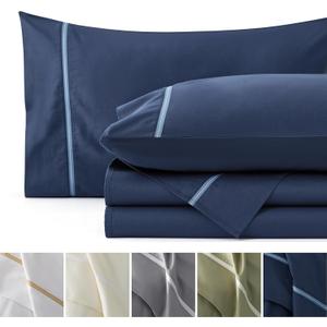 Bedsure 100% Cotton Sheets Queen Size Set - 500 Thread Count Cotton Sateen Bedsheets, Luxury Hotel Quality, Soft & Breathable Bedsheets, 16" Deep Pocket, 4-Piece, Include Queen Flat Sheet Navy